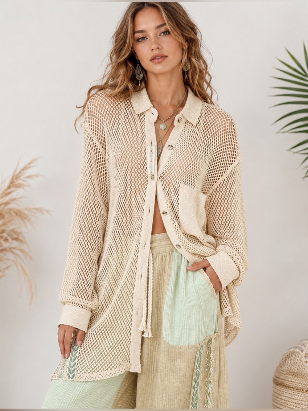 POL Cream Color Mesh Button Down Long Sleeve Cover-Up Size LARGE NEW